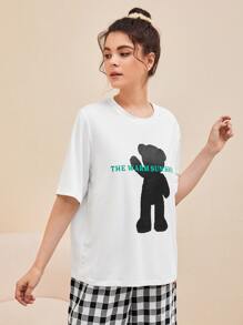 SHEIN Unity Áo ngủ Nữ Hoạt hình Slogan Dễ thương - trắng - Xem 5