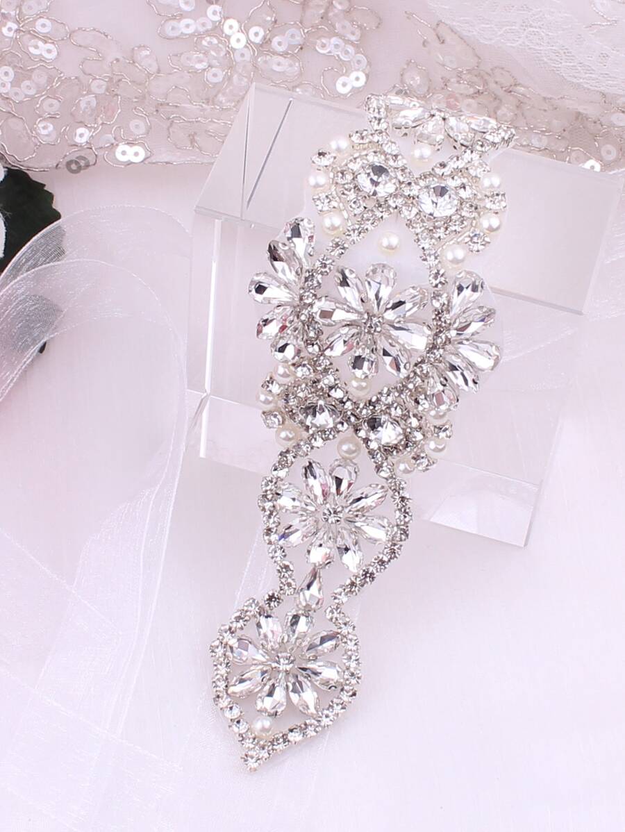 1 pieza Cinturón de novia con cristales de plata, accesorio de boda hecho a mano con perlas y cuentas decorativas - transparente - Ver 1