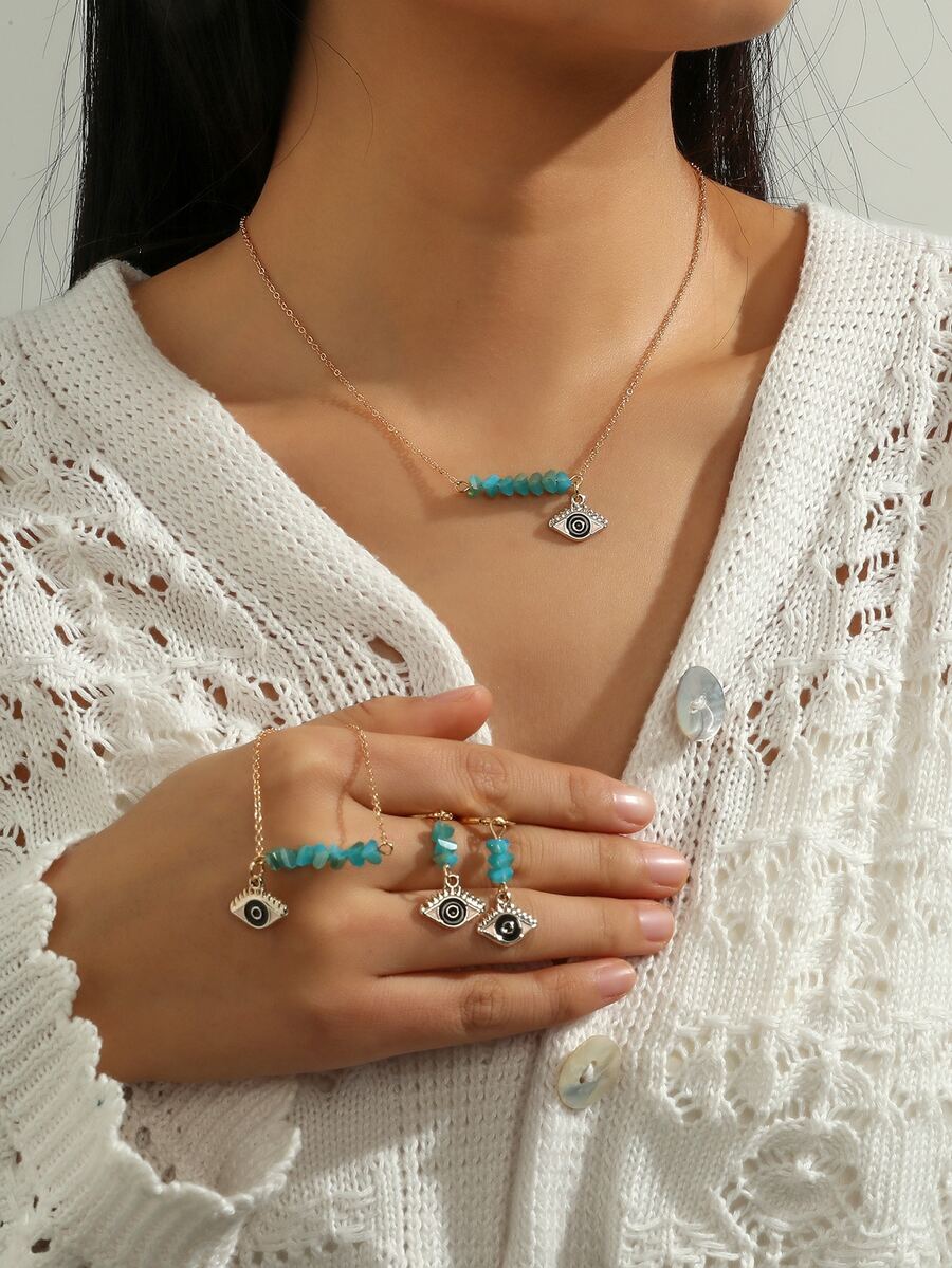 水晶吊墜項鍊和手環和耳墜 - 藍色 - 查看 1