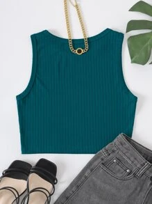 INAWLY 素色條紋針織背心上衣 - 水鴨藍 - 查看 2