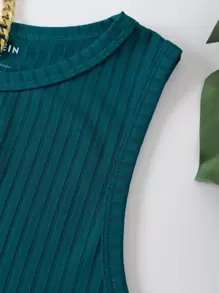 INAWLY 素色條紋針織背心上衣 - 水鴨藍 - 查看 3