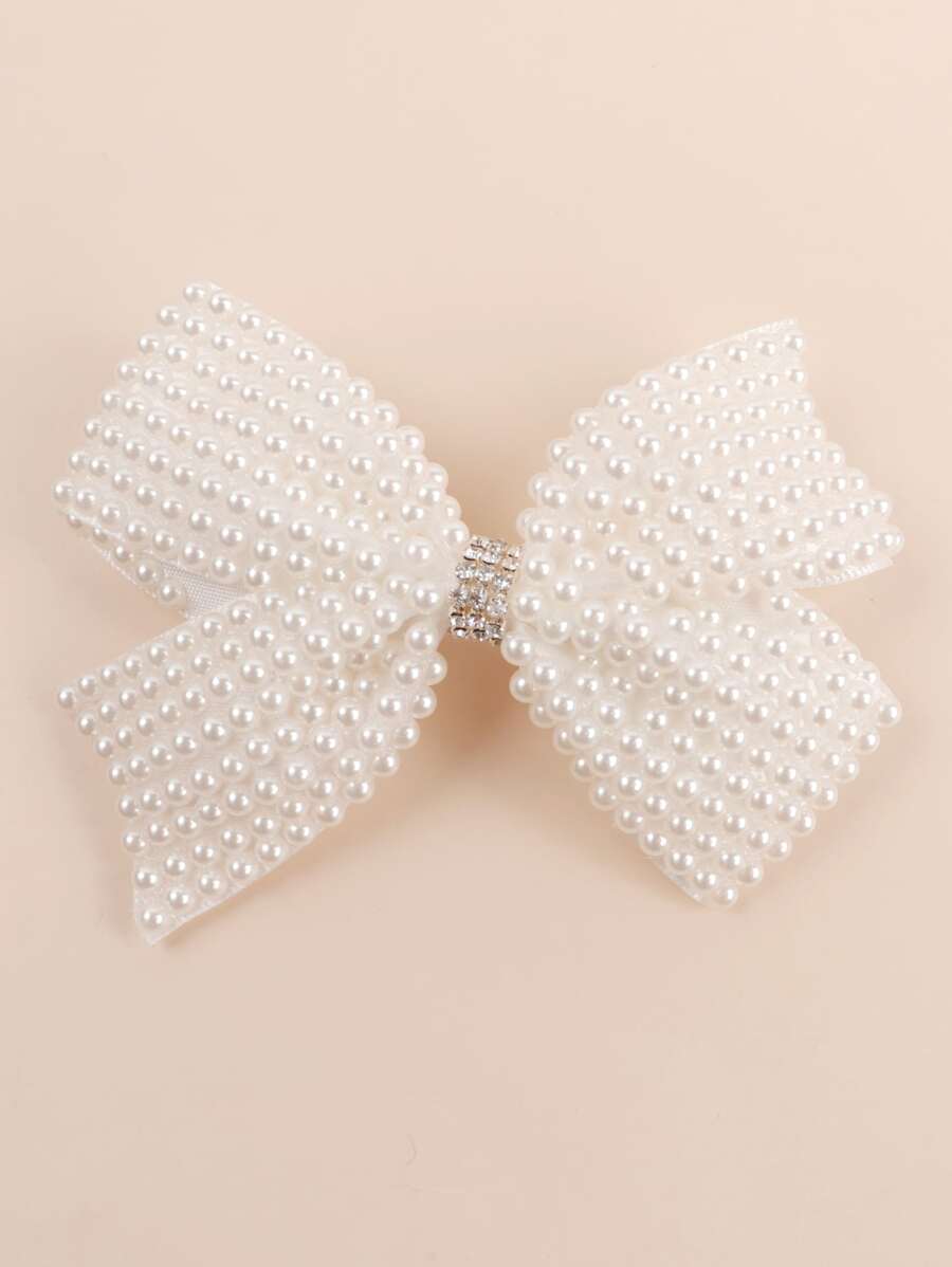 1pc White Fabric Bow Hair Clip, Faux Pearl & Rhinestone Hair Accessory, Elegant Hair Clip Suitable For Flower Girl, Girl, Wedding, Theme Party Gift - White - View 1