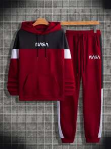 Manfinity Homme Men Letter Graphic Colorblock Kangaroo Pocket Drawstring Hoodie & Sweatpants - Burgundy - View 1
