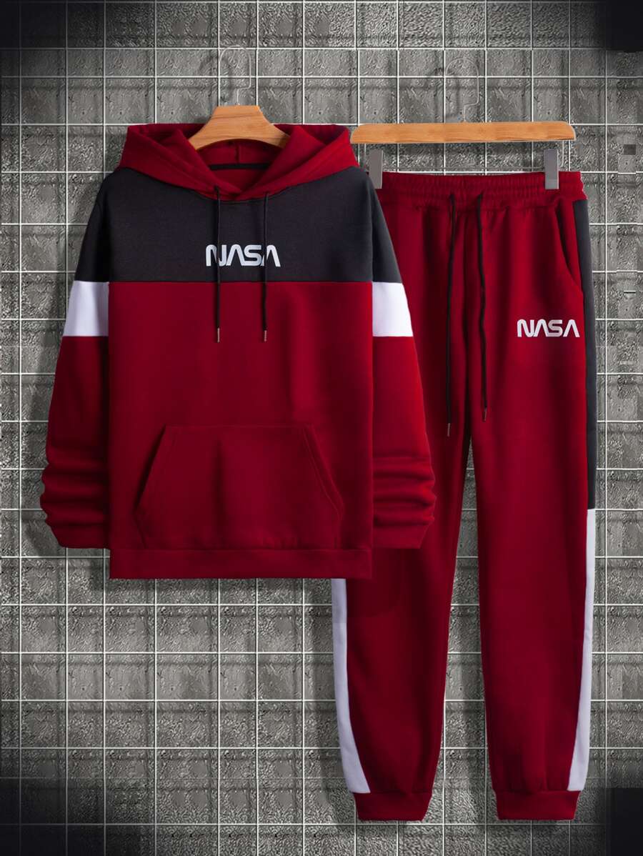 Manfinity Homme Men Letter Graphic Colorblock Kangaroo Pocket Drawstring Hoodie & Sweatpants - Burgundy - View 1