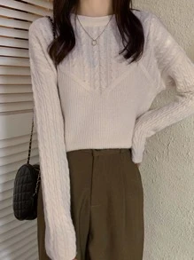 素色落肩袖麻花編織套頭衫毛衣 - 杏色 - 查看 1