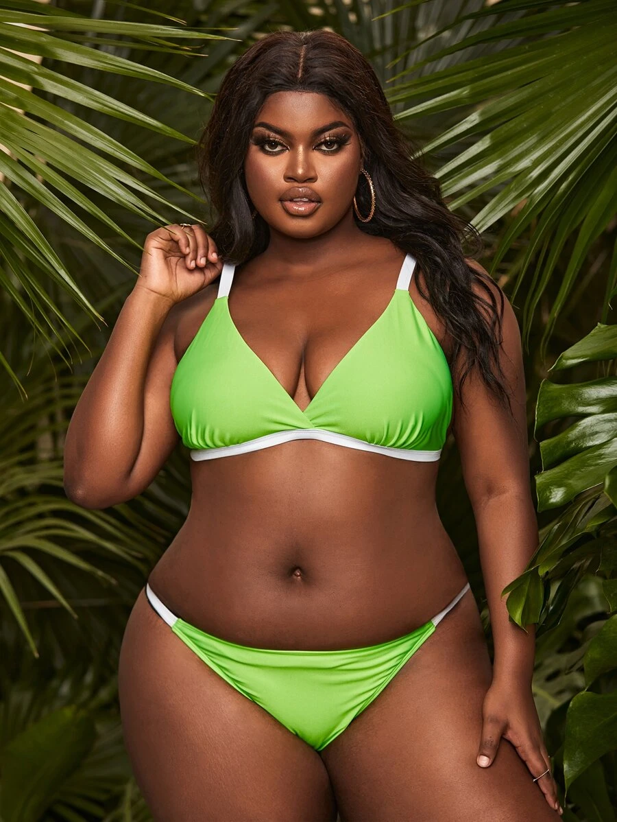 Plus Size Contrast Binding Bikini Set Summer Beach - Lime Green - View 1
