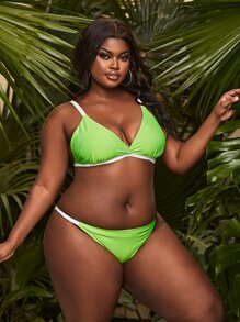 Plus Size Contrast Binding Bikini Set Summer Beach - Lime Green - View 4
