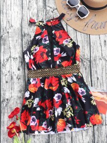 Floral Print Contrast Tape One Piece Swimsuit - Multicolor - View 5