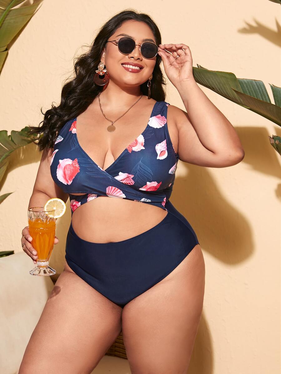 大碼貝殼邊印花圍裹連體泳衣 - 藍色 - 查看 1