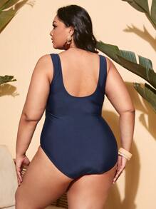 大碼貝殼邊印花圍裹連體泳衣 - 藍色 - 查看 2