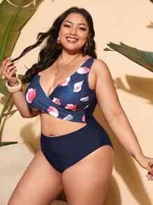 大碼貝殼邊印花圍裹連體泳衣 - 藍色 - 查看 3