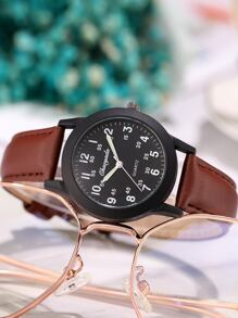 青少年男孩防水夜光指针手表 - 咖啡棕 - 查看 4