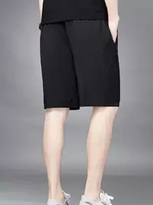 Manfinity Hypemode Hombres Shorts vestir negro básico liso con bolsillo con cremallera y cintura con cordón - Negro - Ver 2