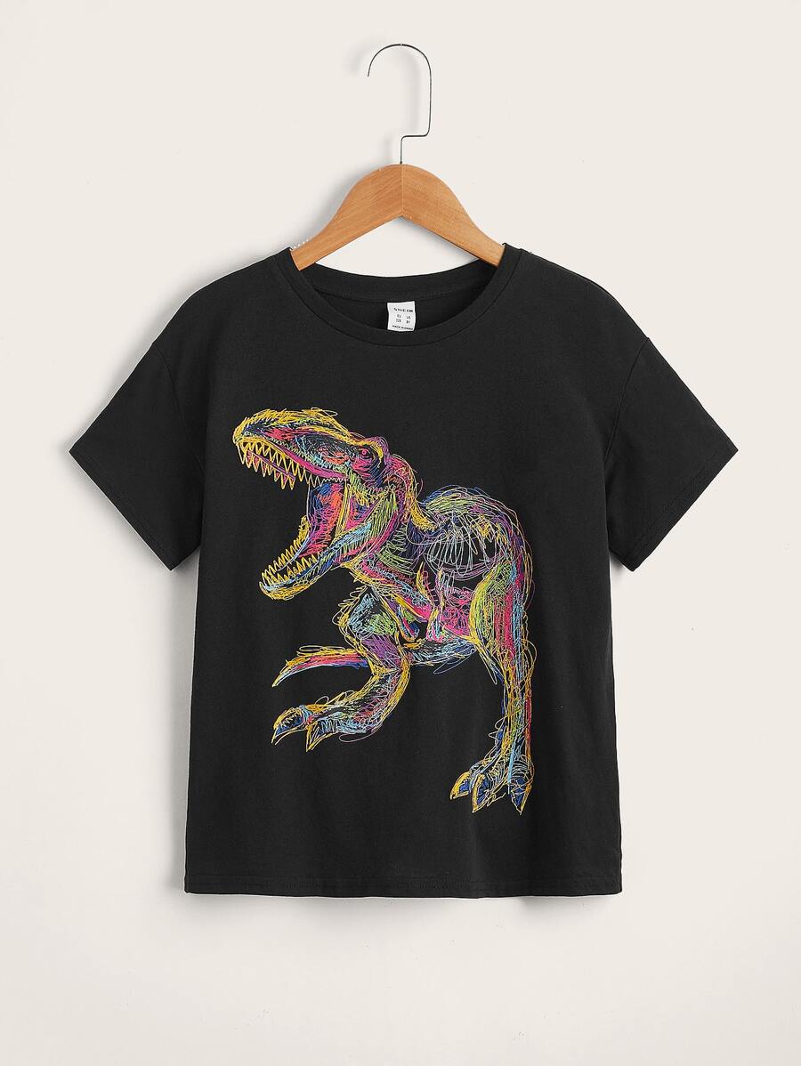 SHEIN Boys Dinosaur Print Round Neck Top - Black - View 1