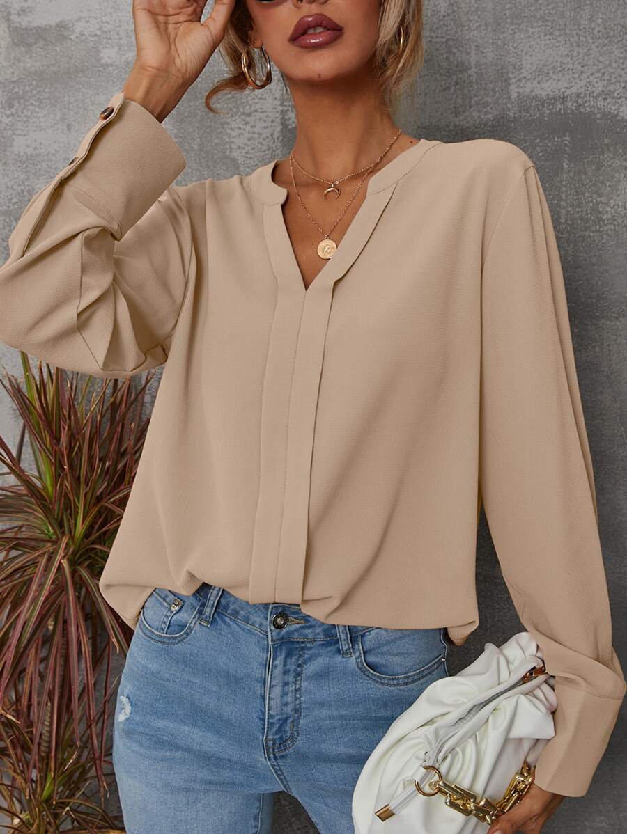 SHEIN LUNE Solid Notched Buttoned Cuff Blouse - Apricot - View 1