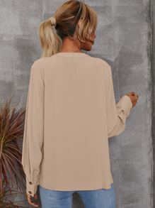 SHEIN LUNE Solid Notched Buttoned Cuff Blouse - Apricot - View 2
