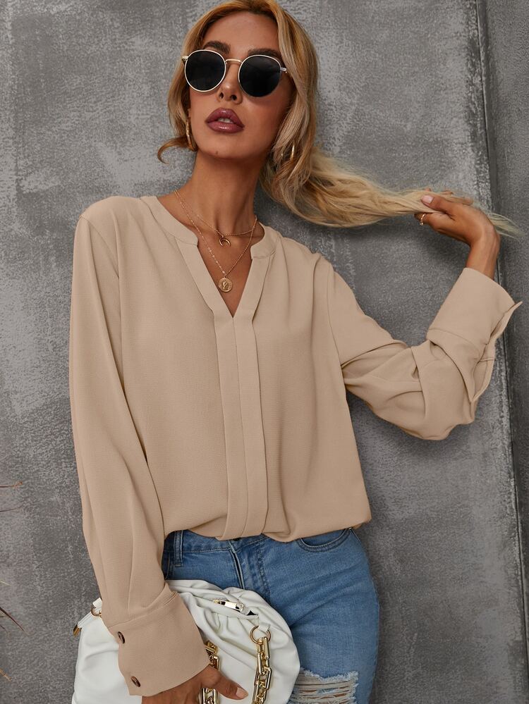 SHEIN LUNE Áo sơ mi nữ màu trơn Thanh lịch - Màu be - Xem 4