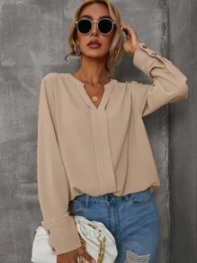 SHEIN LUNE Solid Notched Buttoned Cuff Blouse - Apricot - View 5