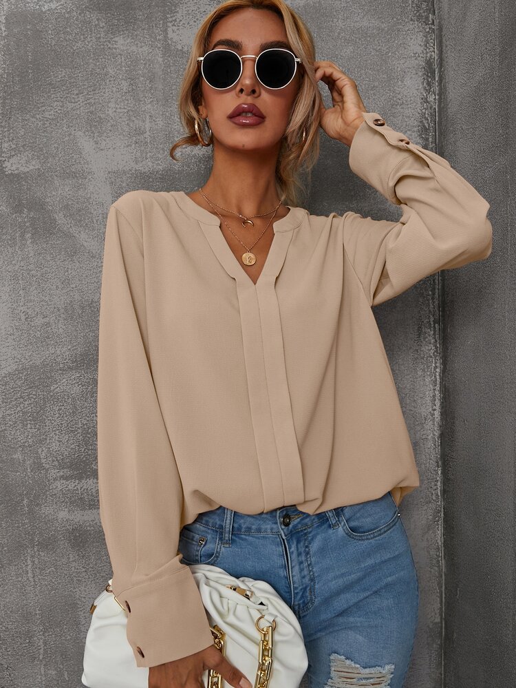 SHEIN LUNE Áo sơ mi nữ màu trơn Thanh lịch - Màu be - Xem 5