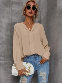SHEIN LUNE Solid Notched Buttoned Cuff Blouse - Apricot - View 6