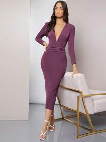 Modelyn Plunging Neck Ruched Waist Bodycon Dress - Purple - View 1