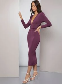 Modelyn Plunging Neck Ruched Waist Bodycon Dress - Purple - View 3