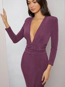 Modelyn Plunging Neck Ruched Waist Bodycon Dress - Purple - View 4