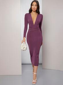 Modelyn Plunging Neck Ruched Waist Bodycon Dress - Purple - View 6