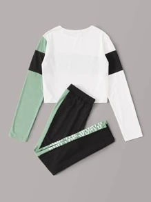 SHEIN EZwear 字母圖案t恤和拼接側縫緊身褲套裝 - 彩色 - 查看 2