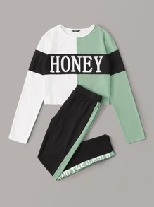 SHEIN EZwear 字母圖案t恤和拼接側縫緊身褲套裝 - 彩色 - 查看 5