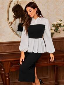 Modelyn Contrast Panel Lantern Sleeve Peplum Top & Split Back Skirt - Black and White - View 1