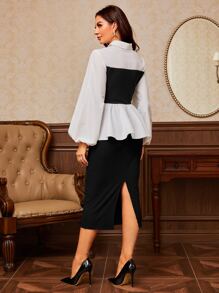 Modelyn Contrast Panel Lantern Sleeve Peplum Top & Split Back Skirt - Black and White - View 2