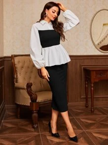 Modelyn Contrast Panel Lantern Sleeve Peplum Top & Split Back Skirt - Black and White - View 4