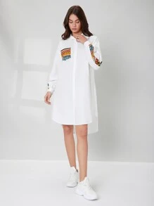 Mulvari Geo Print Patched Pocket Drop Shoulder High Low Blouse - White - View 1