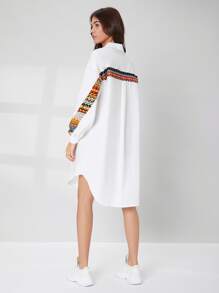 Mulvari Geo Print Patched Pocket Drop Shoulder High Low Blouse - White - View 2