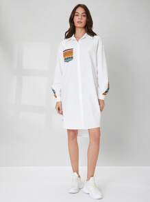 Mulvari Geo Print Patched Pocket Drop Shoulder High Low Blouse - White - View 3