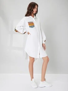 Mulvari Geo Print Patched Pocket Drop Shoulder High Low Blouse - White - View 4