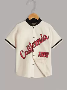 SHEIN 男孩字母圖案棒球領織帶拼接襯衫