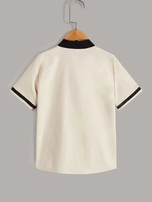 SHEIN 男孩字母圖案棒球領織帶拼接襯衫