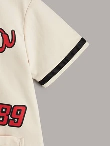 SHEIN 男孩字母圖案棒球領織帶拼接襯衫