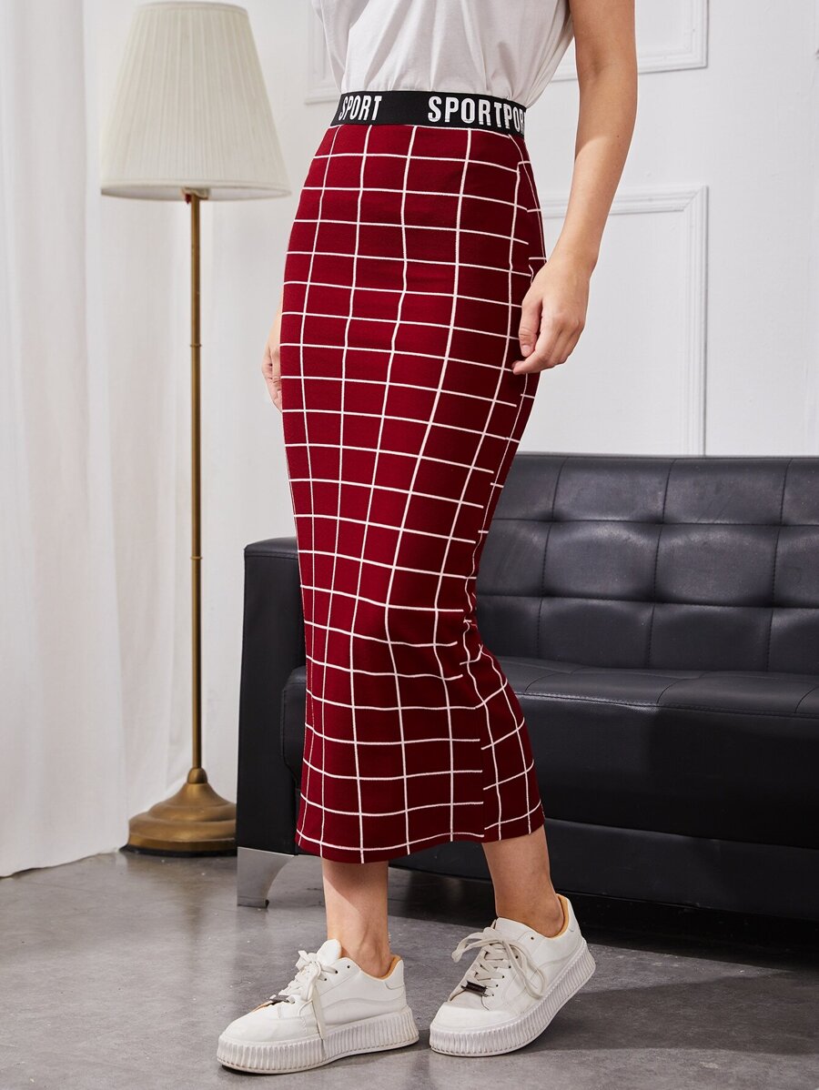 Seusyu Burgundy Red Letter Waist Grid Pencil Skirt - Burgundy - View 1