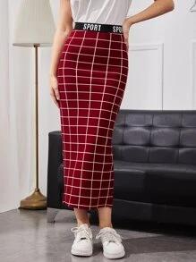 Seusyu Burgundy Red Letter Waist Grid Pencil Skirt - Burgundy - View 4
