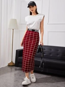 Seusyu Burgundy Red Letter Waist Grid Pencil Skirt - Burgundy - View 5