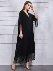 SHEIN Najma 落肩袖流蘇邊長袍洋裝不附腰帶 - 黑色 - 查看 3