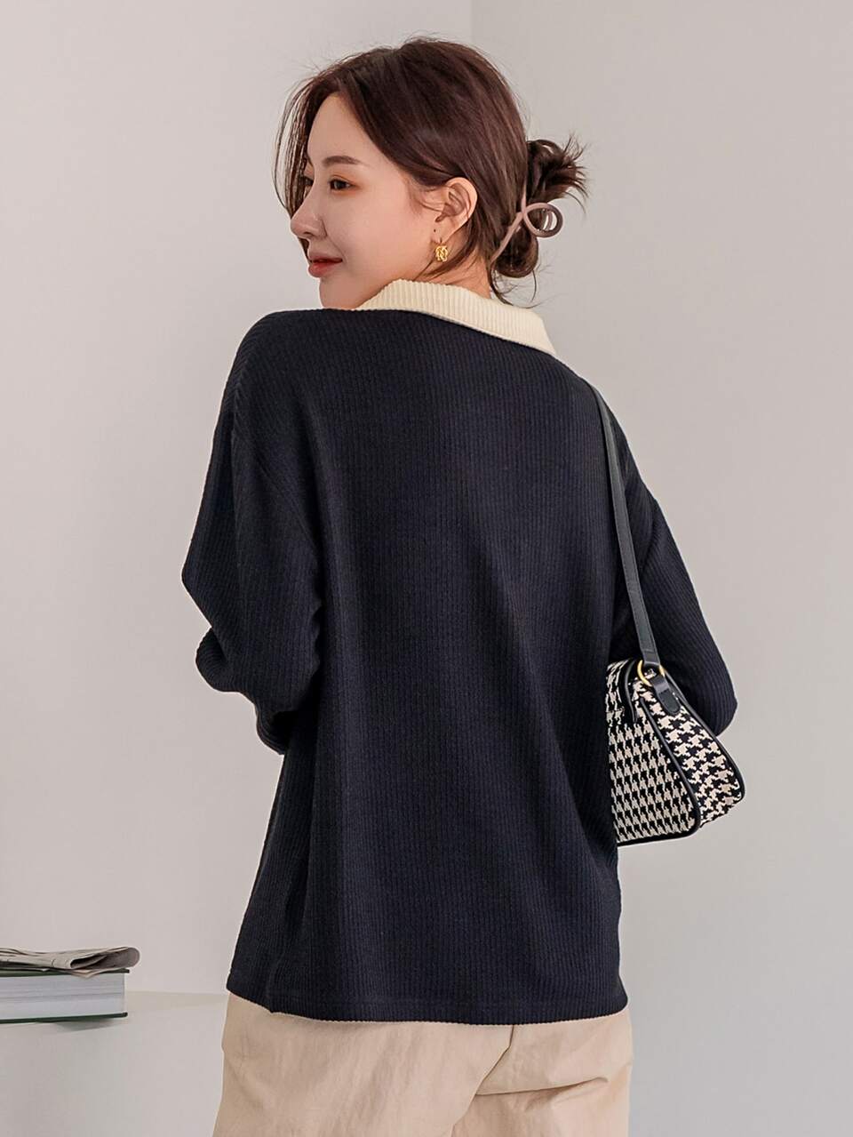 Drop Shoulder Rib Knit Polo Neck Tee,Fall Clothes Long Sleeve Women Tops