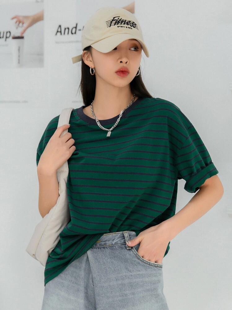 DAZY Striped Print Drop Shoulder Tee Summer - Dark Green - View 5