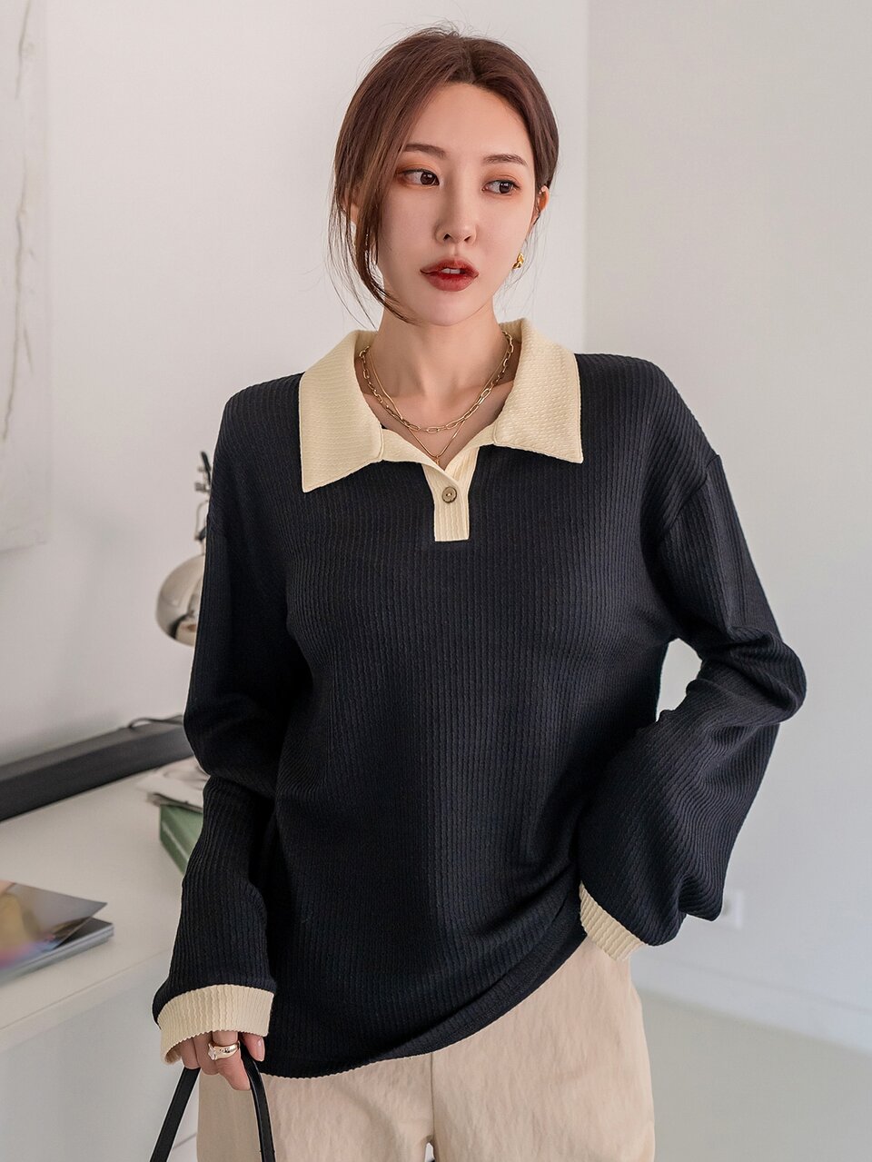 Drop Shoulder Rib Knit Polo Neck Tee,Fall Clothes Long Sleeve Women Tops