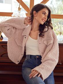 SHEIN Frenchy 女士毛絨扣前帶有翻蓋口袋的夾克 - 粉色 - 查看 1