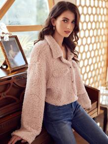 SHEIN Frenchy 女士毛絨扣前帶有翻蓋口袋的夾克 - 粉色 - 查看 3