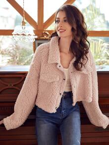 SHEIN Frenchy 女士毛絨扣前帶有翻蓋口袋的夾克 - 粉色 - 查看 5